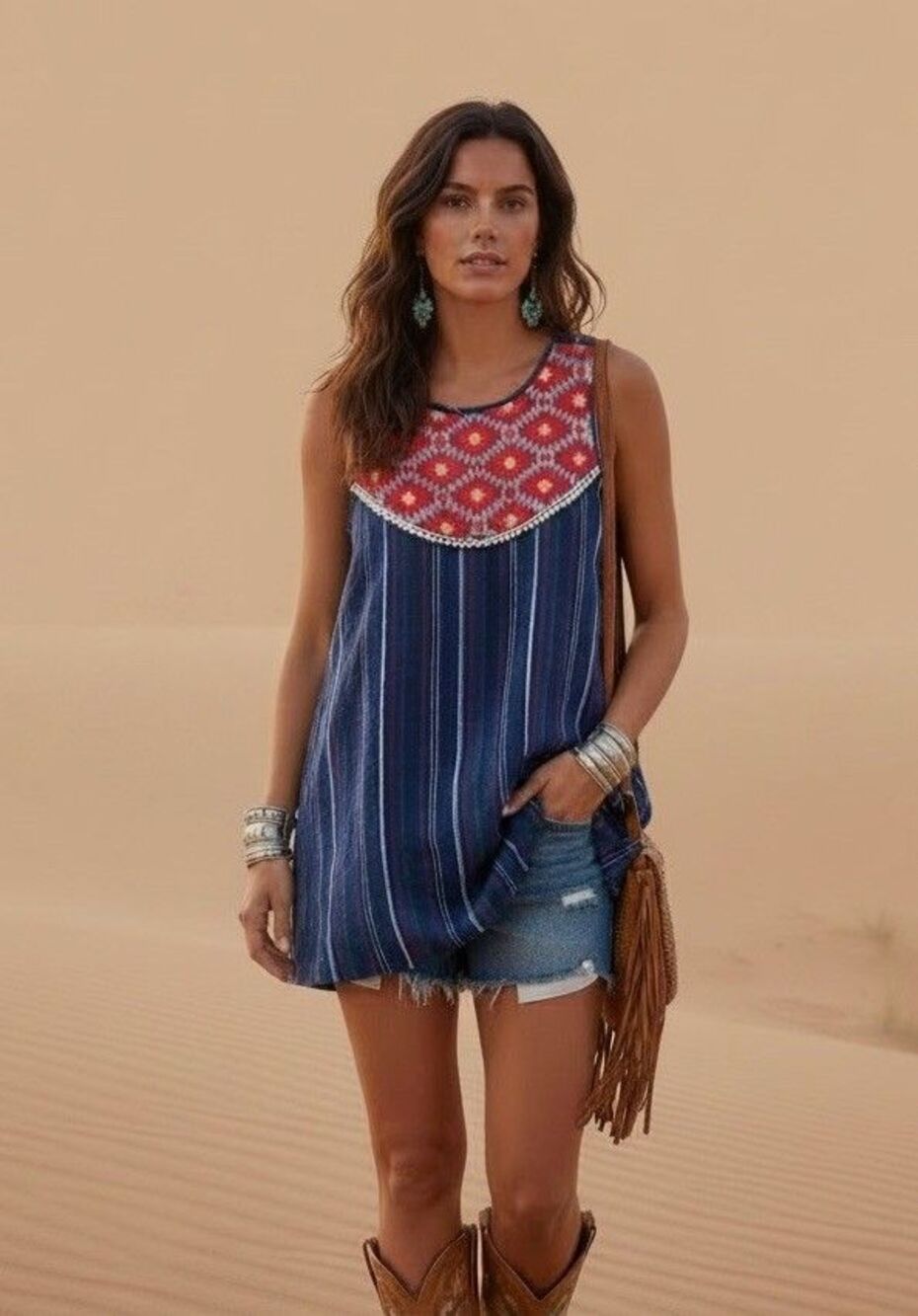 L Love Embroidered Boho Cotton Linen Striped Shift Dress Small Pockets Southwest